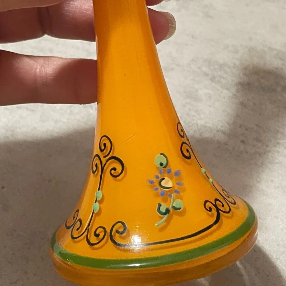 Vintage Czechoslovakia Enamel Hand Painted Orange Glass Vases Set of Two 8.25